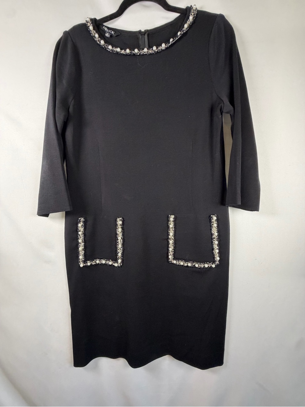 MISook Black Knit Dress M Pearl Tweed Trim 3/4 Sleeve Shift Dress